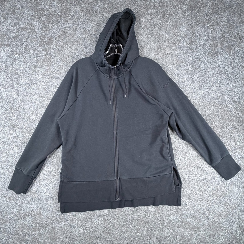 Nike Dri Fit Athletic Hoodie Womens Medium Black Fleece Lined Side Slit Training